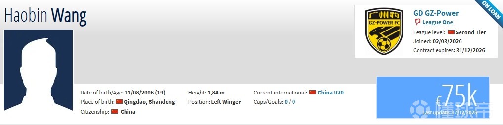 德转：山东泰山19岁前锋王昊斌租借加盟广东广州豹